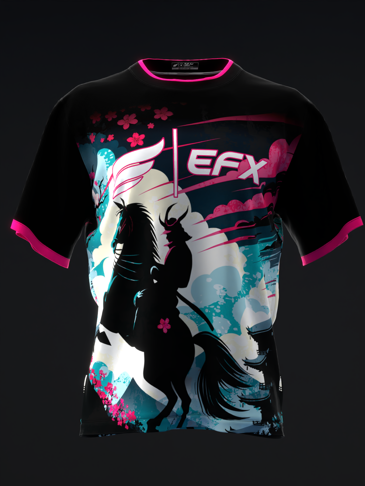 Black bowling jersey with pink neon trim and colorful samurai graphic front view