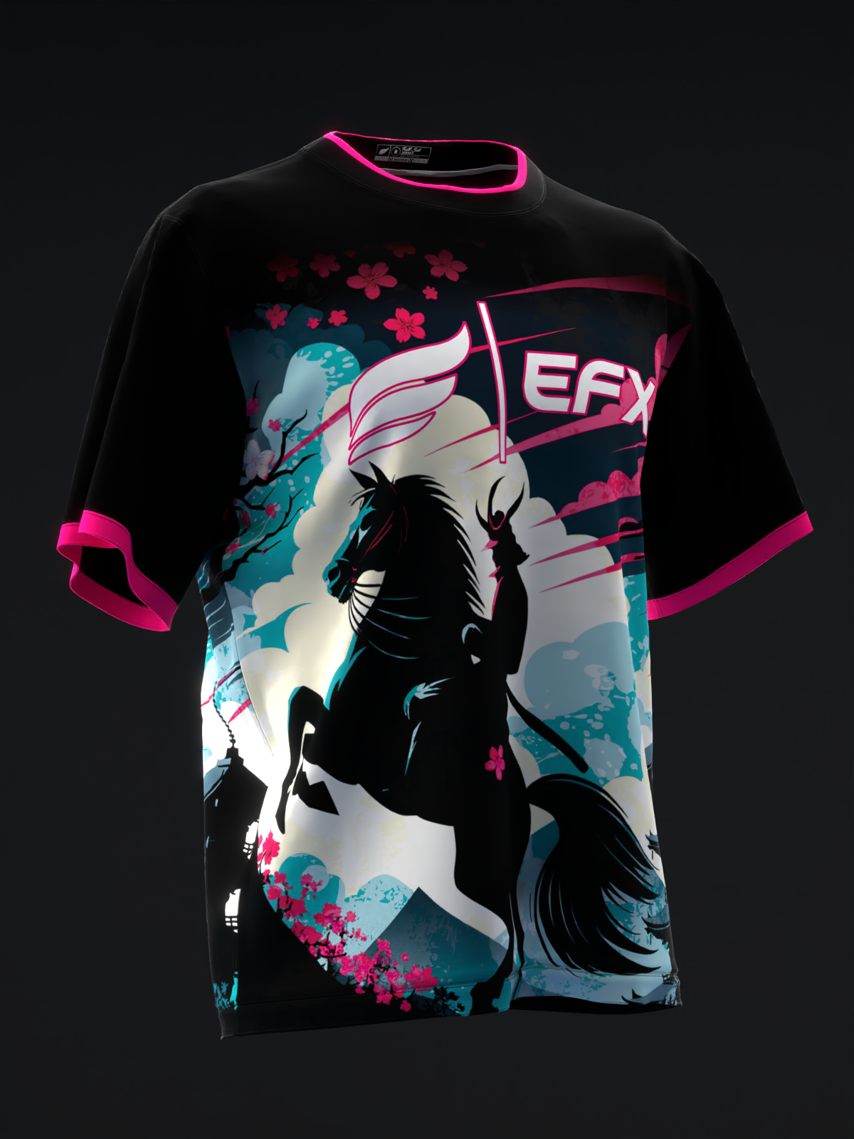Black bowling jersey with pink trim, featuring silhouetted samurai and floral graphic design