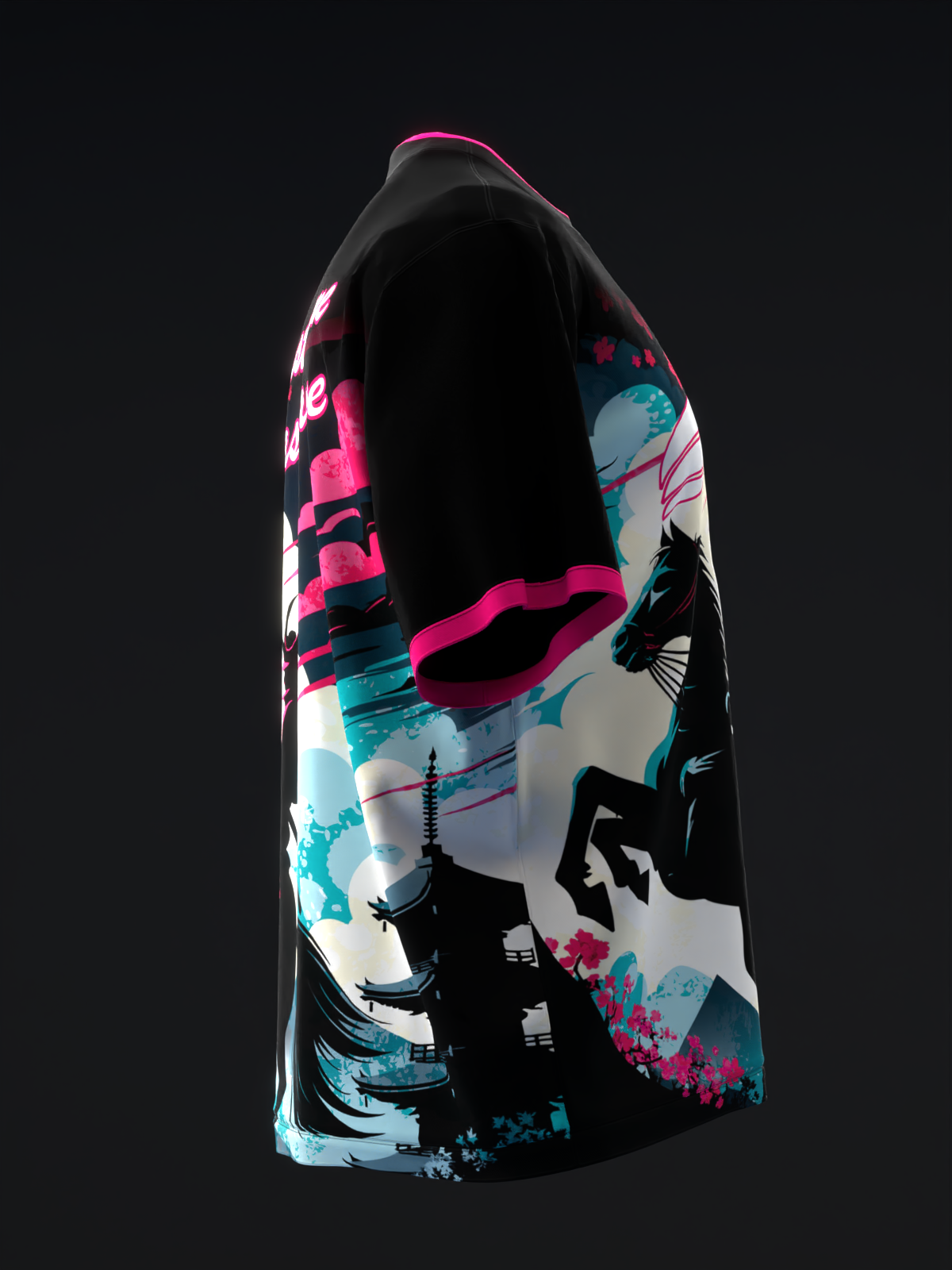 Black bowling jersey with pink, cyan, and white splatter and silhouette design, side view