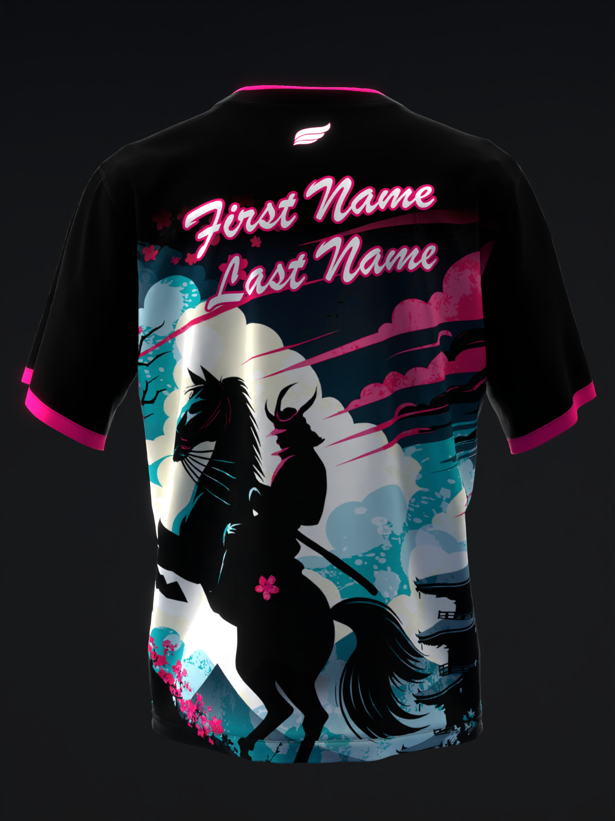 Black bowling jersey with neon pink neon script and samurai silhouette graphic back view