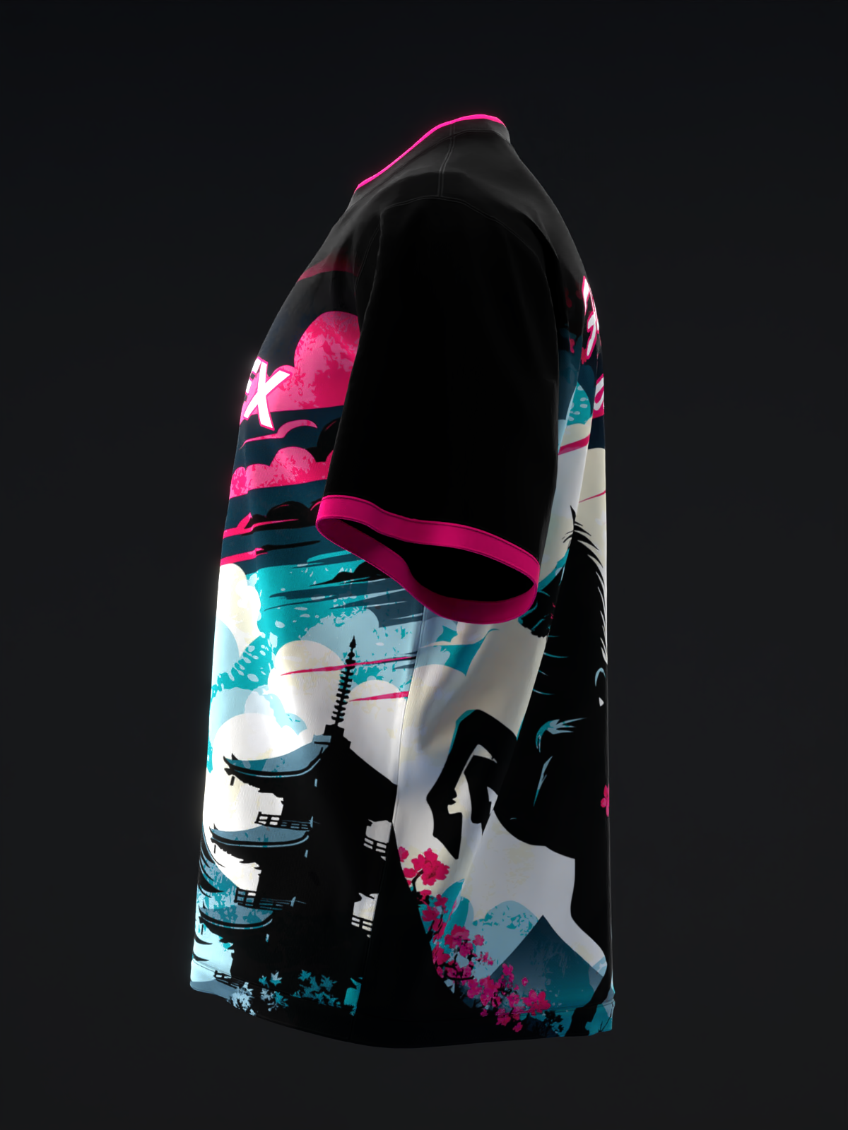 Black bowling jersey with pink trim and splatter design in turquoise and white, side view