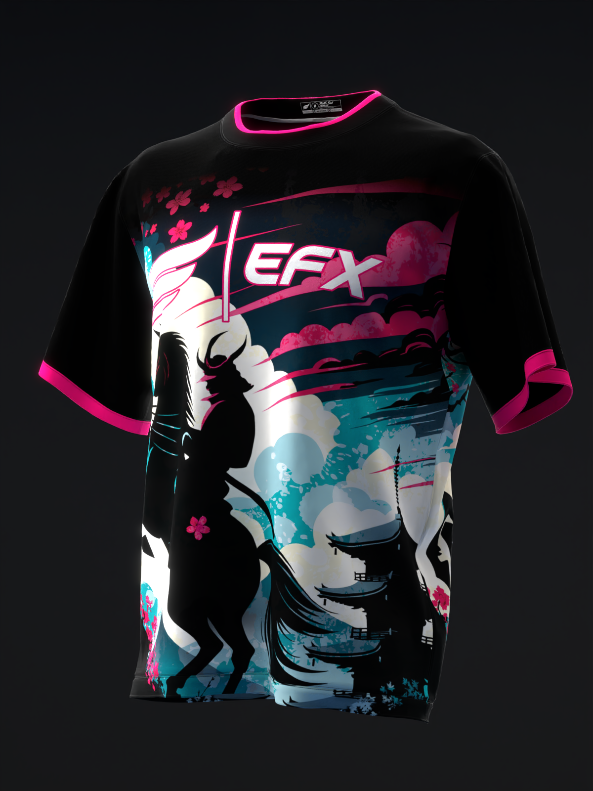 Black bowling jersey with magenta trim and colorful samurai-inspired graphic design front view