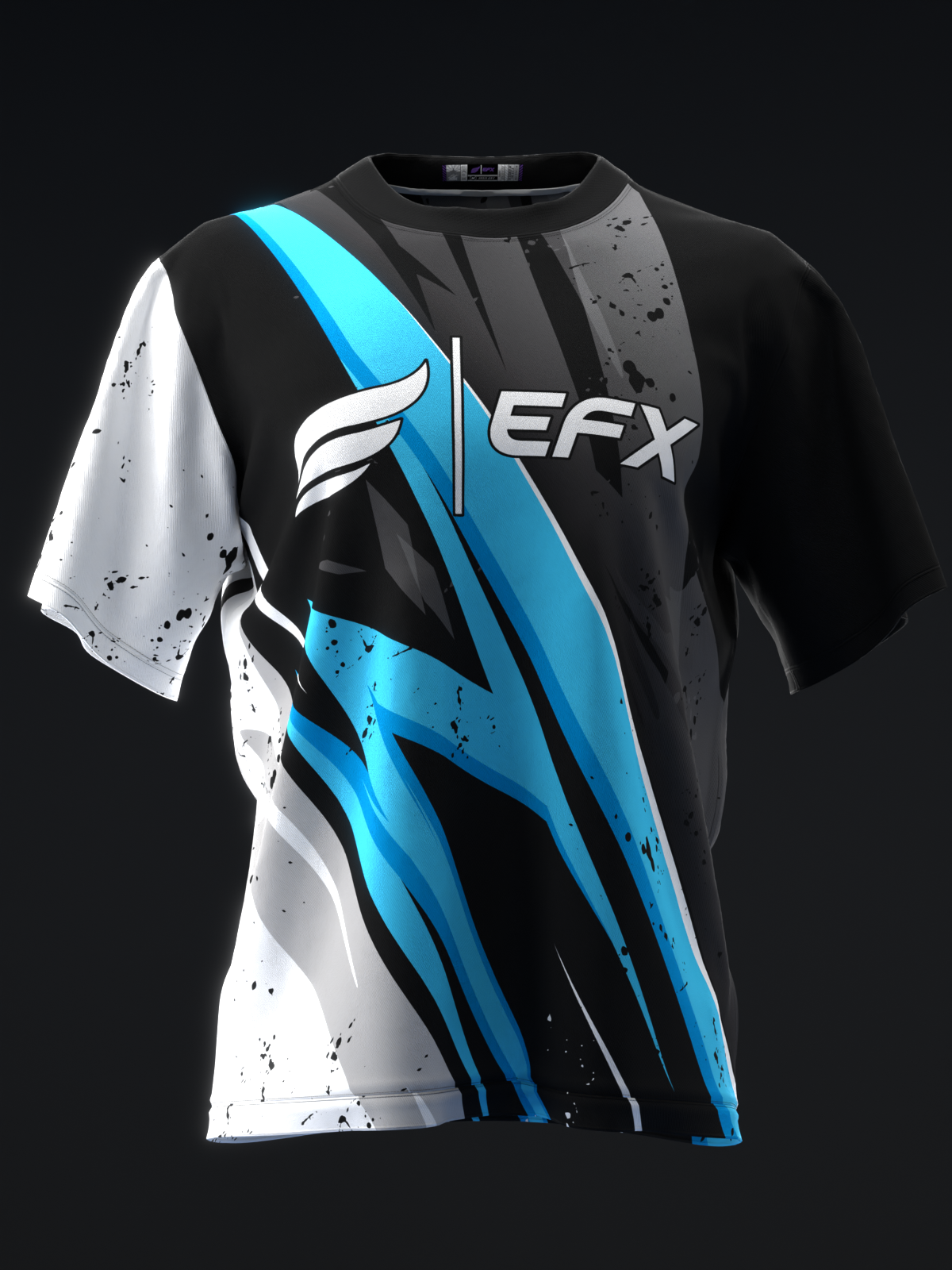 Black bowling jersey with blue and white diagonal stripe design and EFX logo