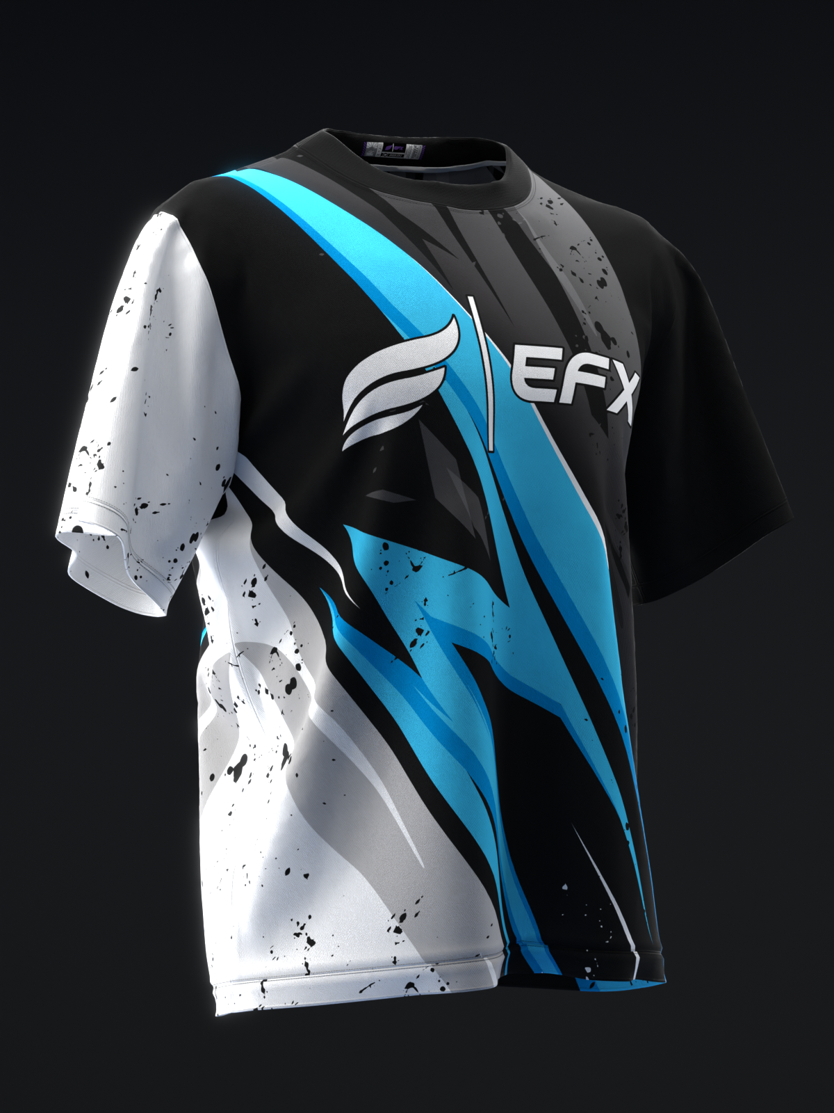 Black and white bowling jersey with blue geometric stripe and EFX logo, front view