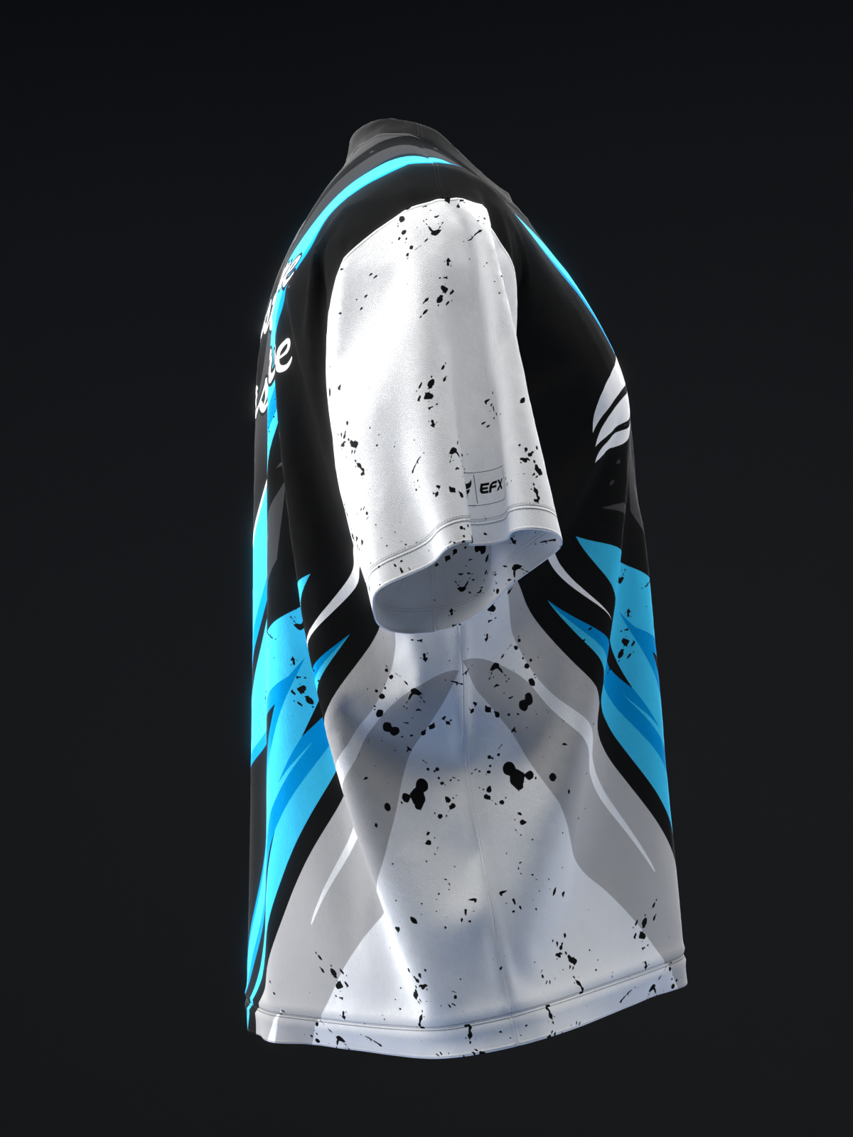 Bowling jersey with white spattered design, black and cyan blue color blocking