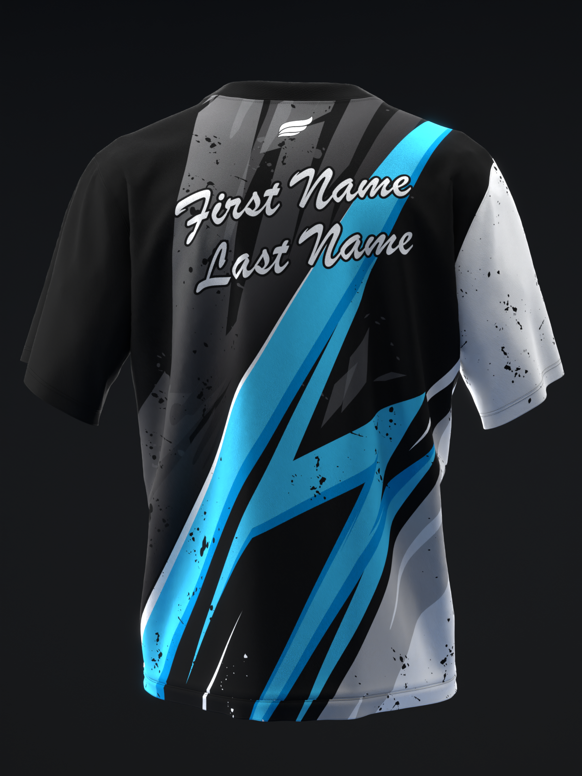 Black and white bowling jersey with cyan blue diagonal stripe design and personalization lines