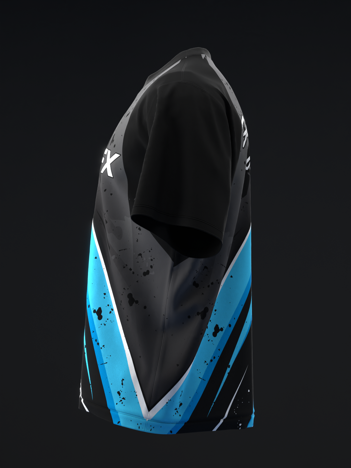 Black bowling jersey with blue and white side panels and splatter design details