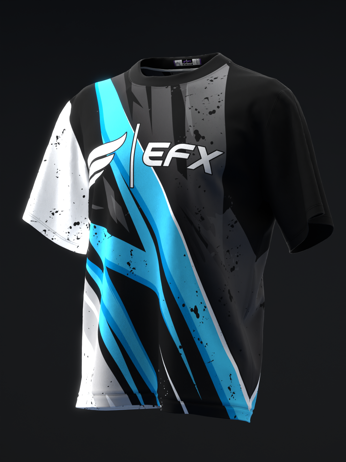 Black and white bowling jersey with bright blue diagonal stripe graphic and EFX logo