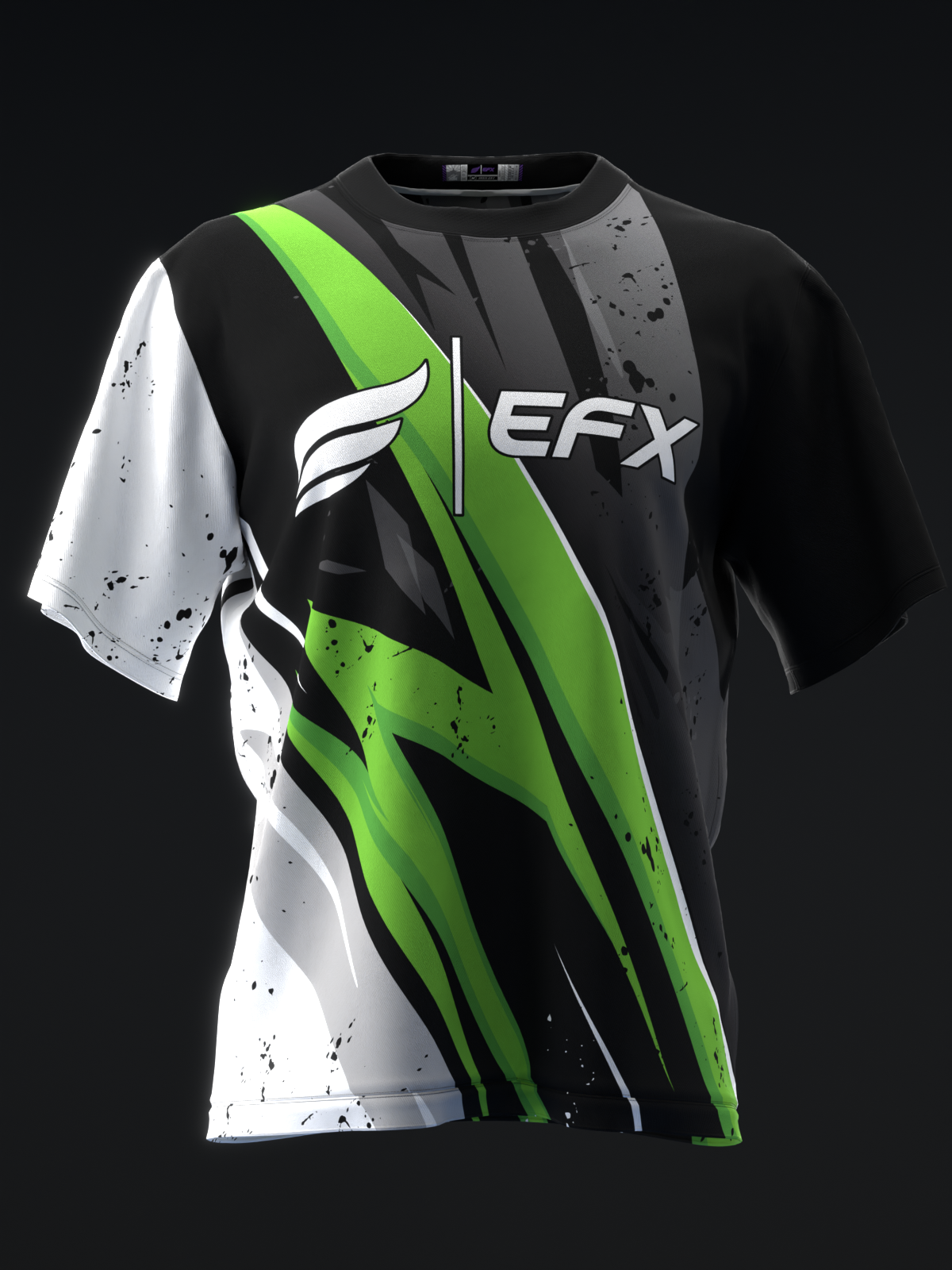 Black bowling jersey with white and neon green geometric stripe design, front view