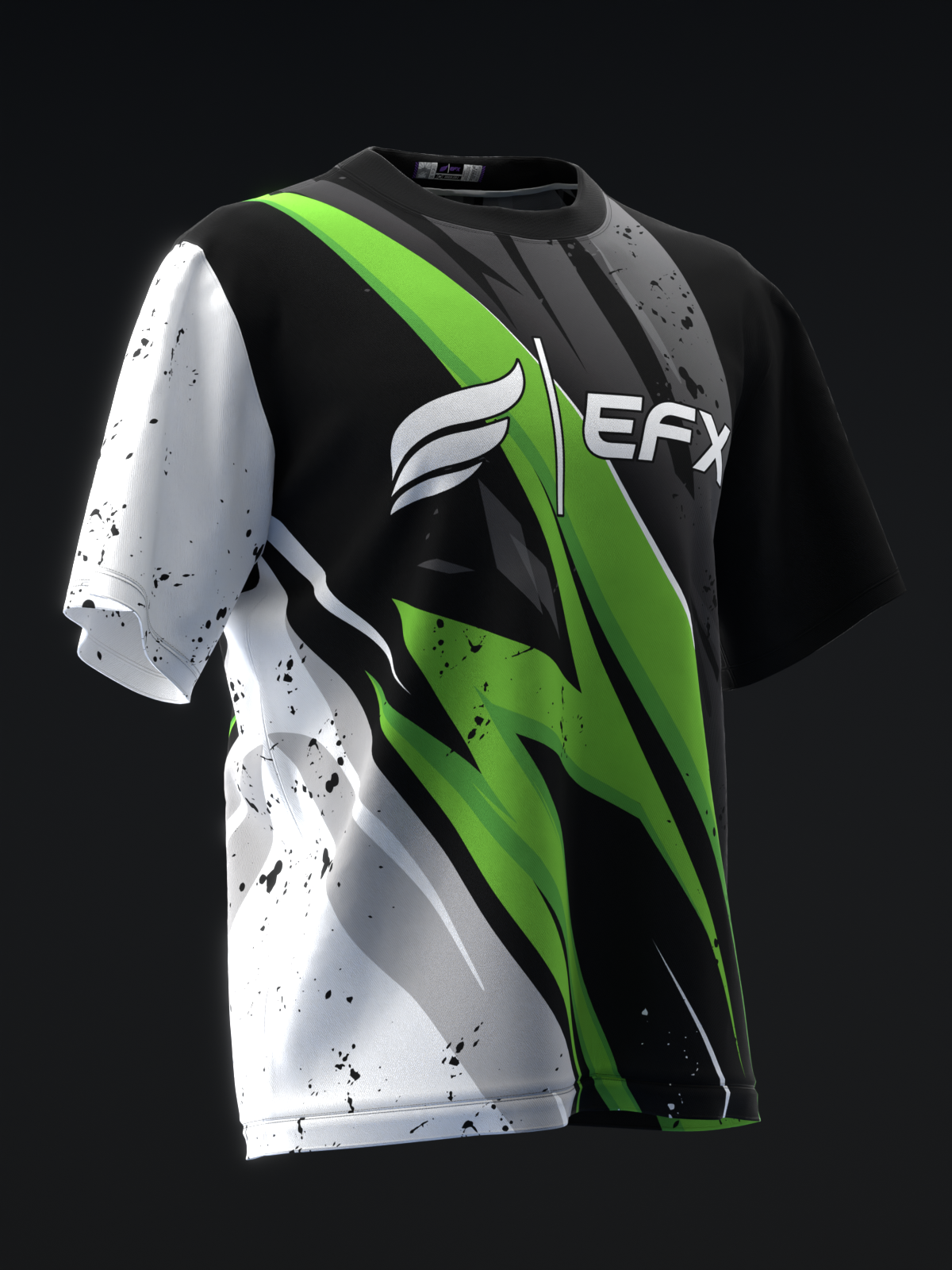 Black bowling jersey with white and neon green splice design and EFX logo