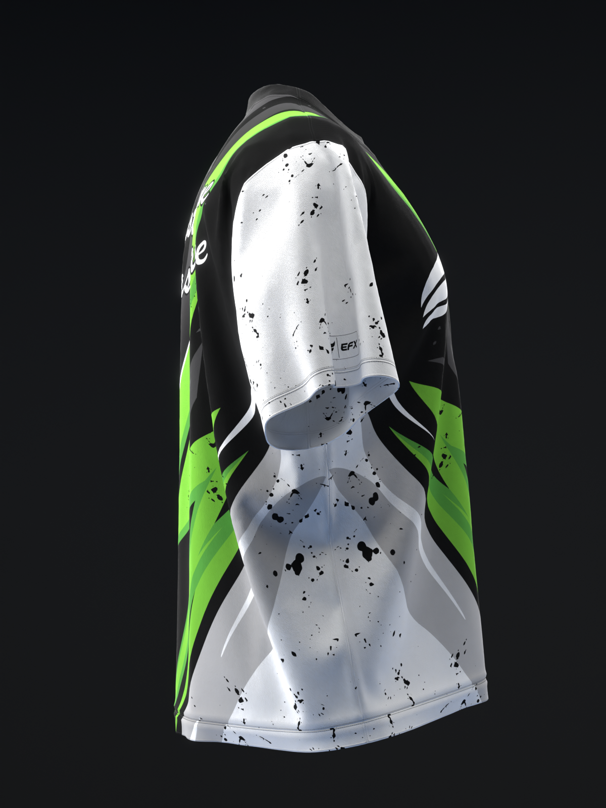 Black, white, and neon green bowling jersey with speckled pattern, front view