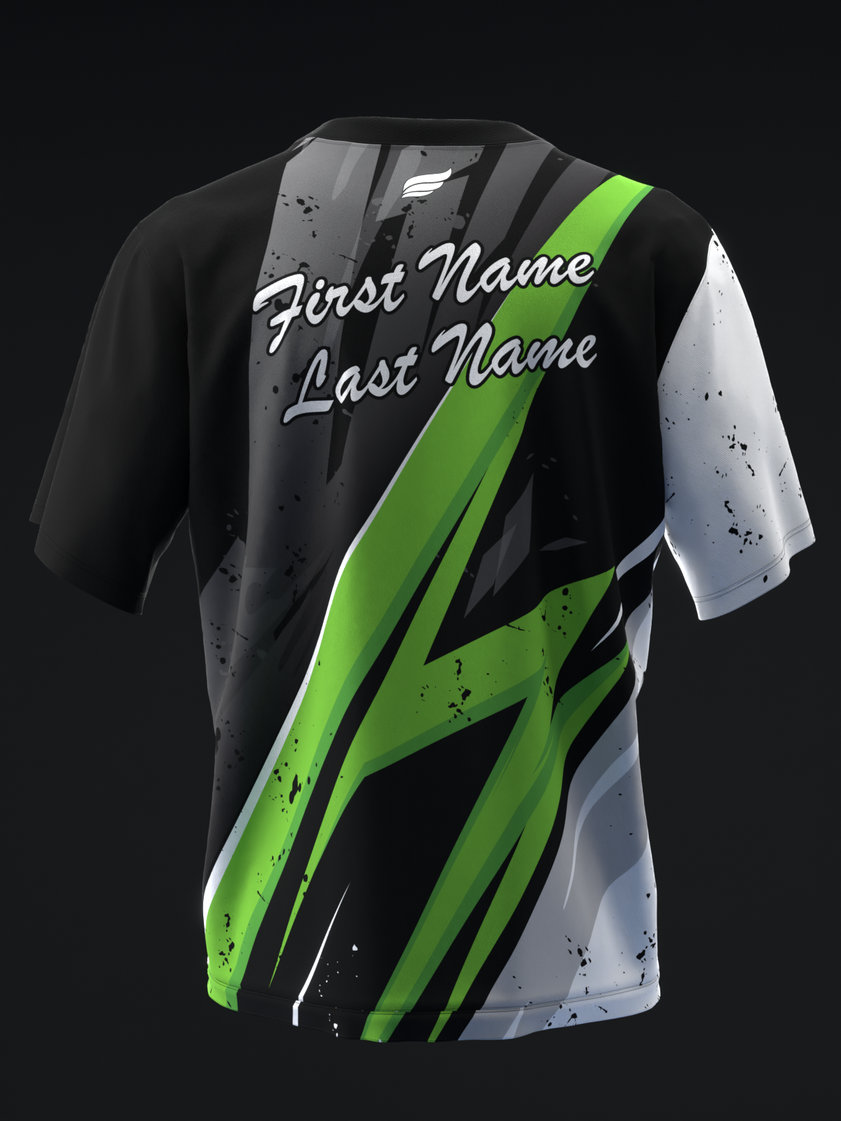 Black bowling jersey with bright green diagonal stripes and white sleeves, back view