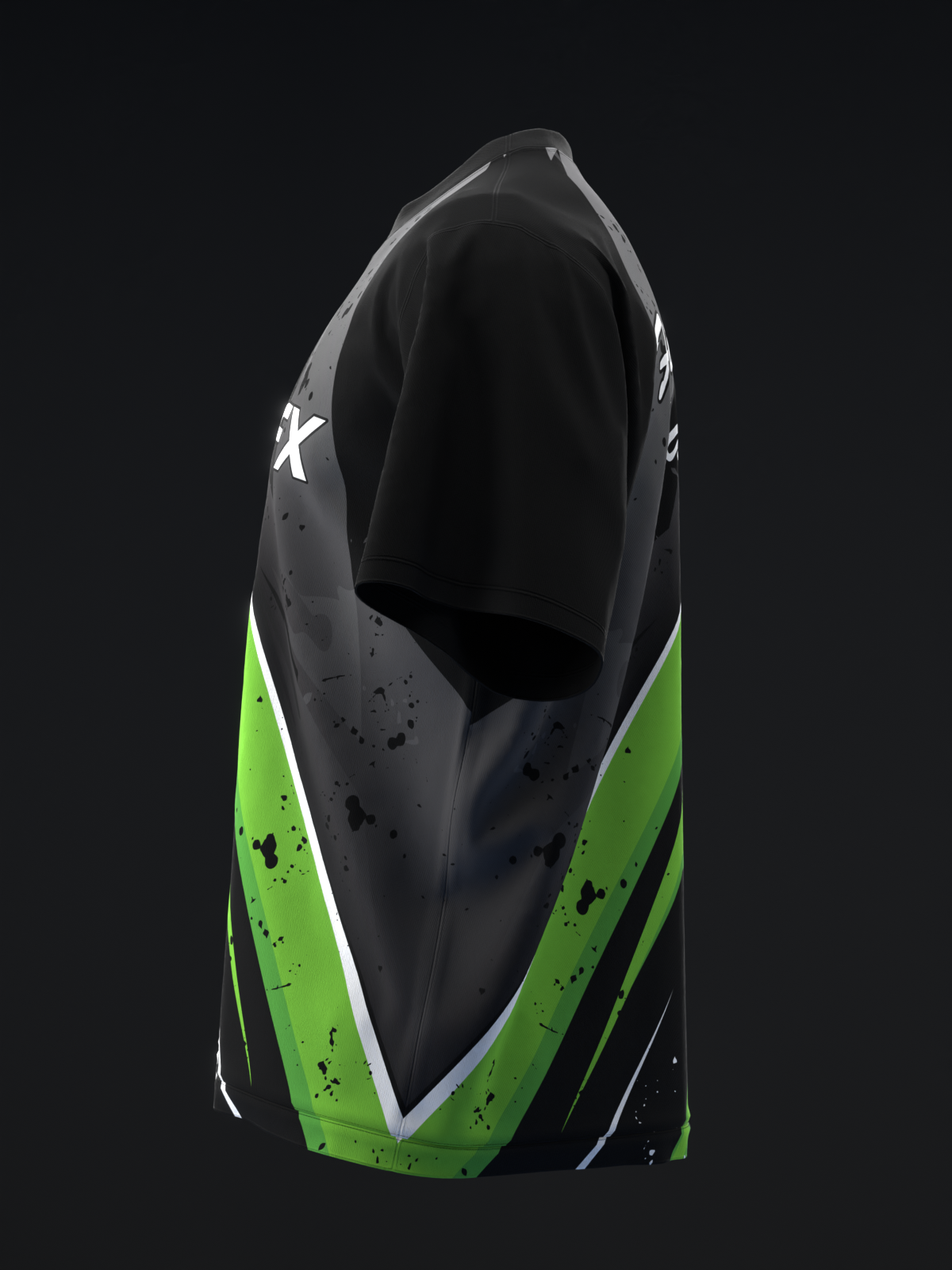 Black bowling jersey with neon green side panels and white splatter accents, front view