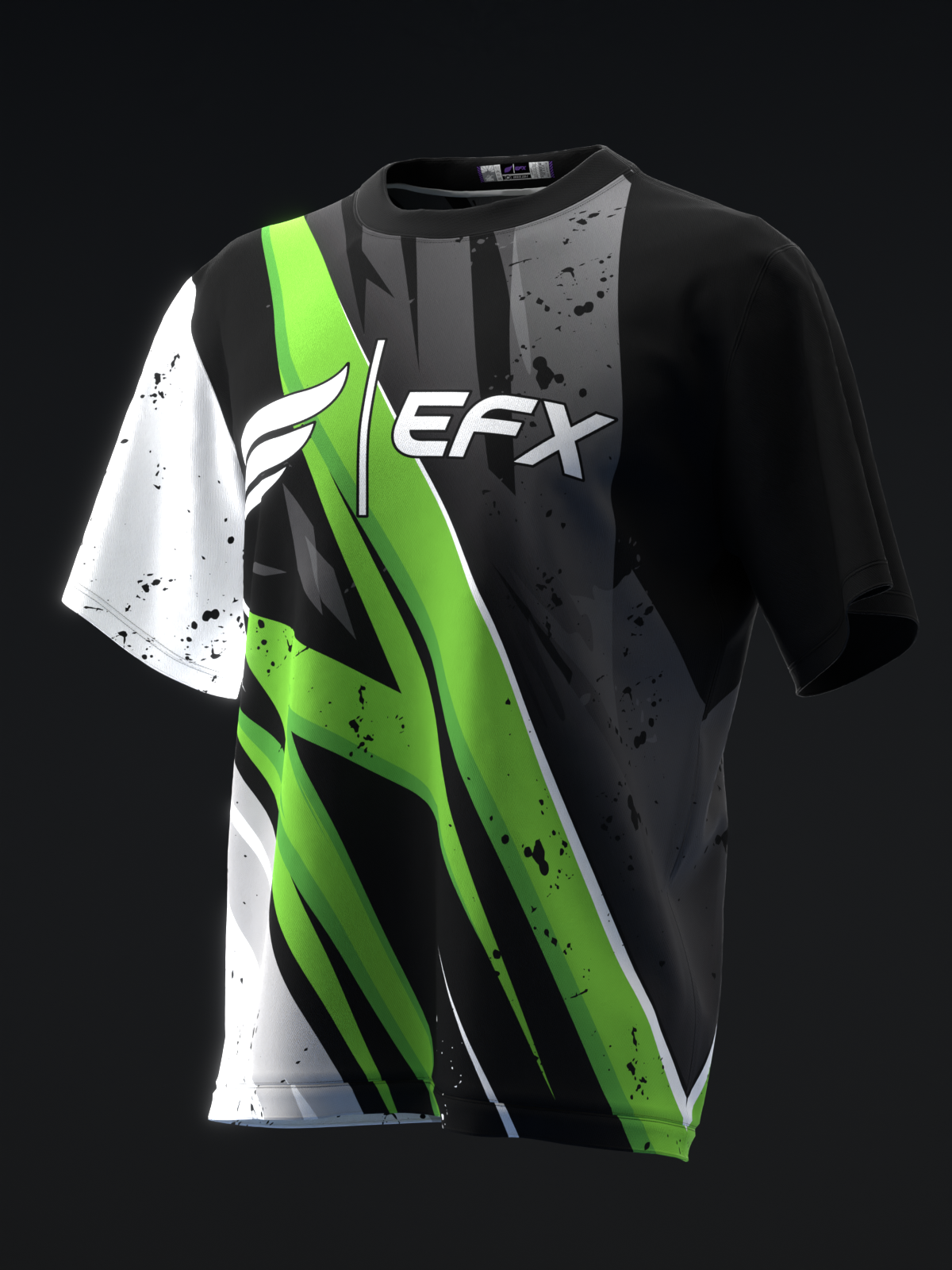 Black, white, and neon green bowling jersey with angular geometric design and EFX logo