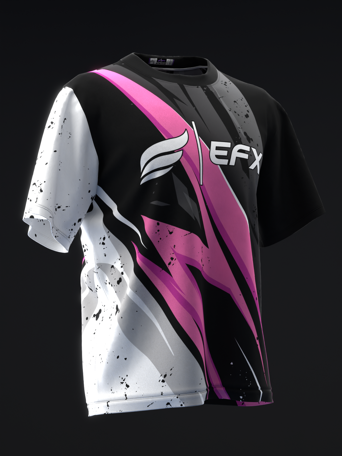 Black and white bowling jersey with pink diagonal stripe and EFX logo, front view