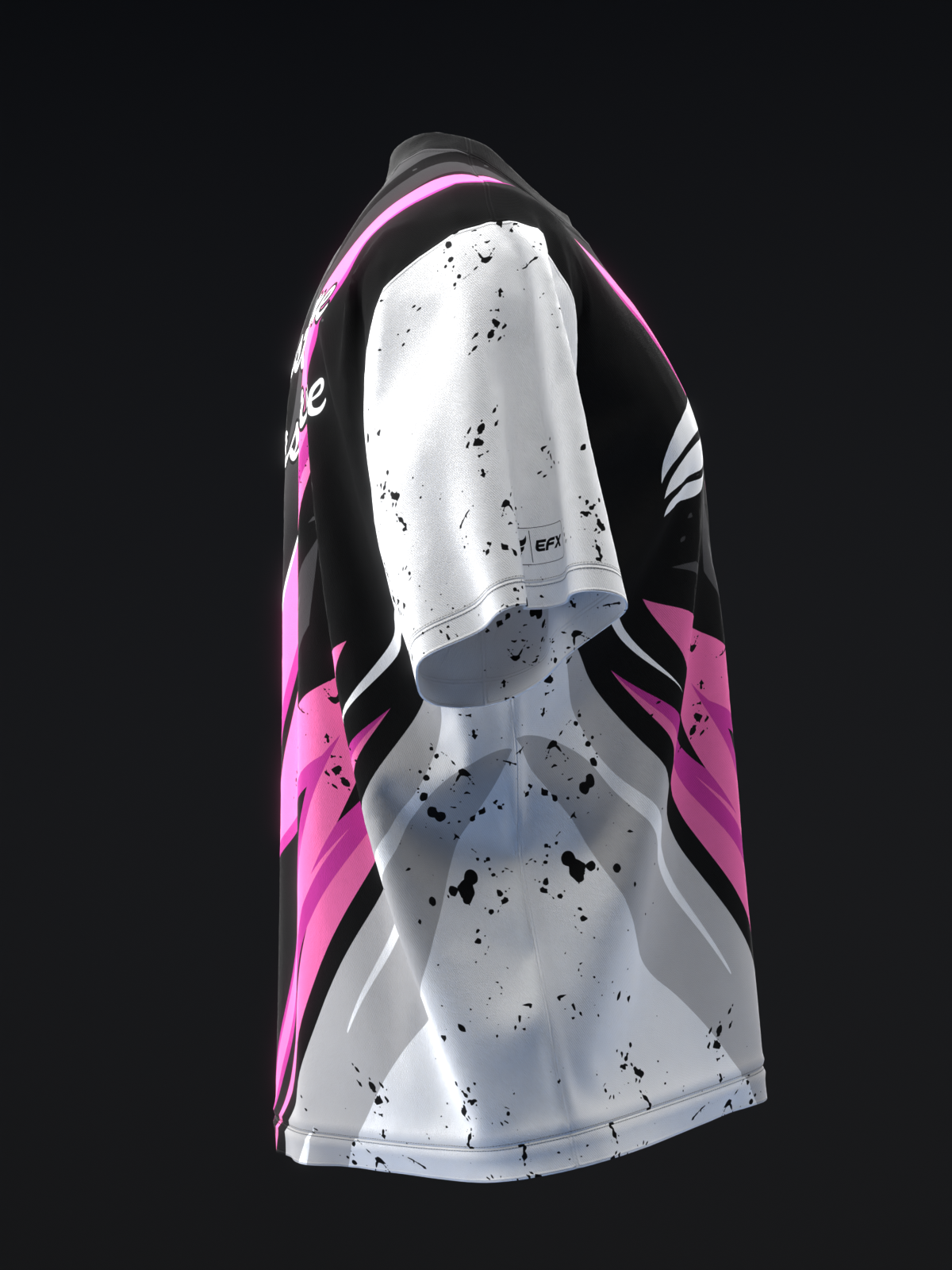 Black bowling jersey with white speckled center panel and pink side accents