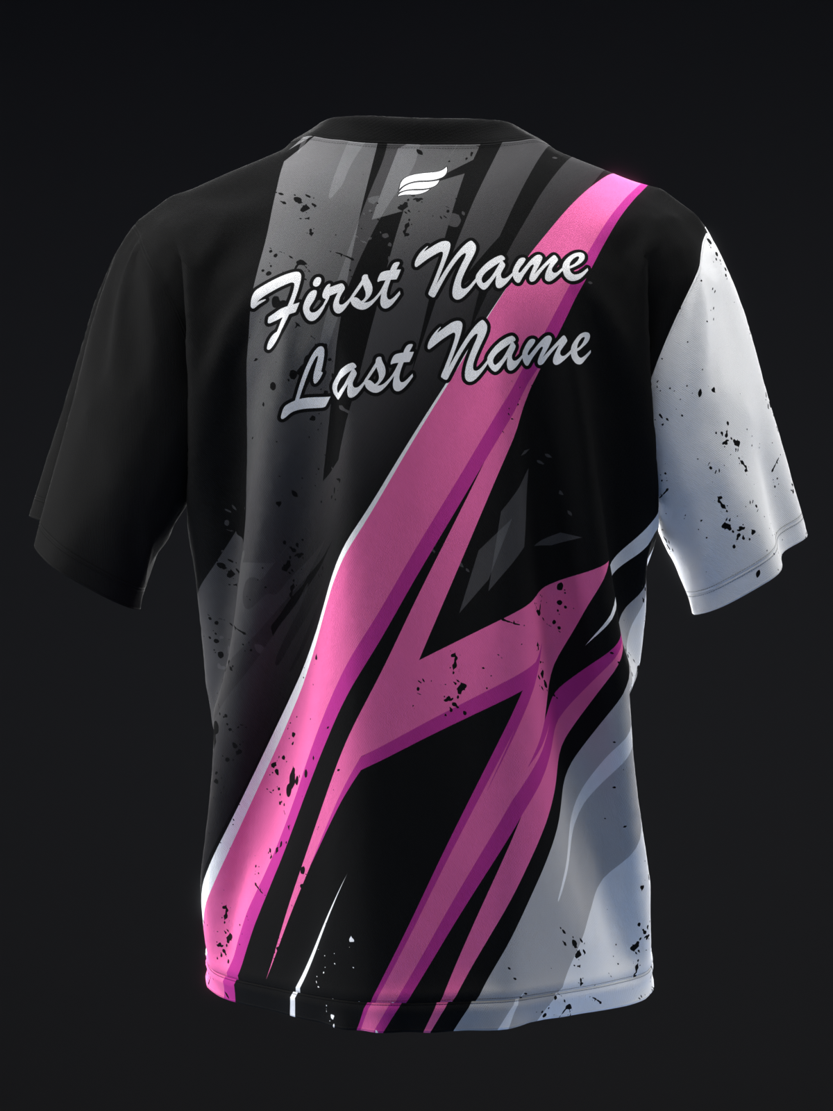 Black bowling jersey with pink diagonal stripes and white side panels, front view