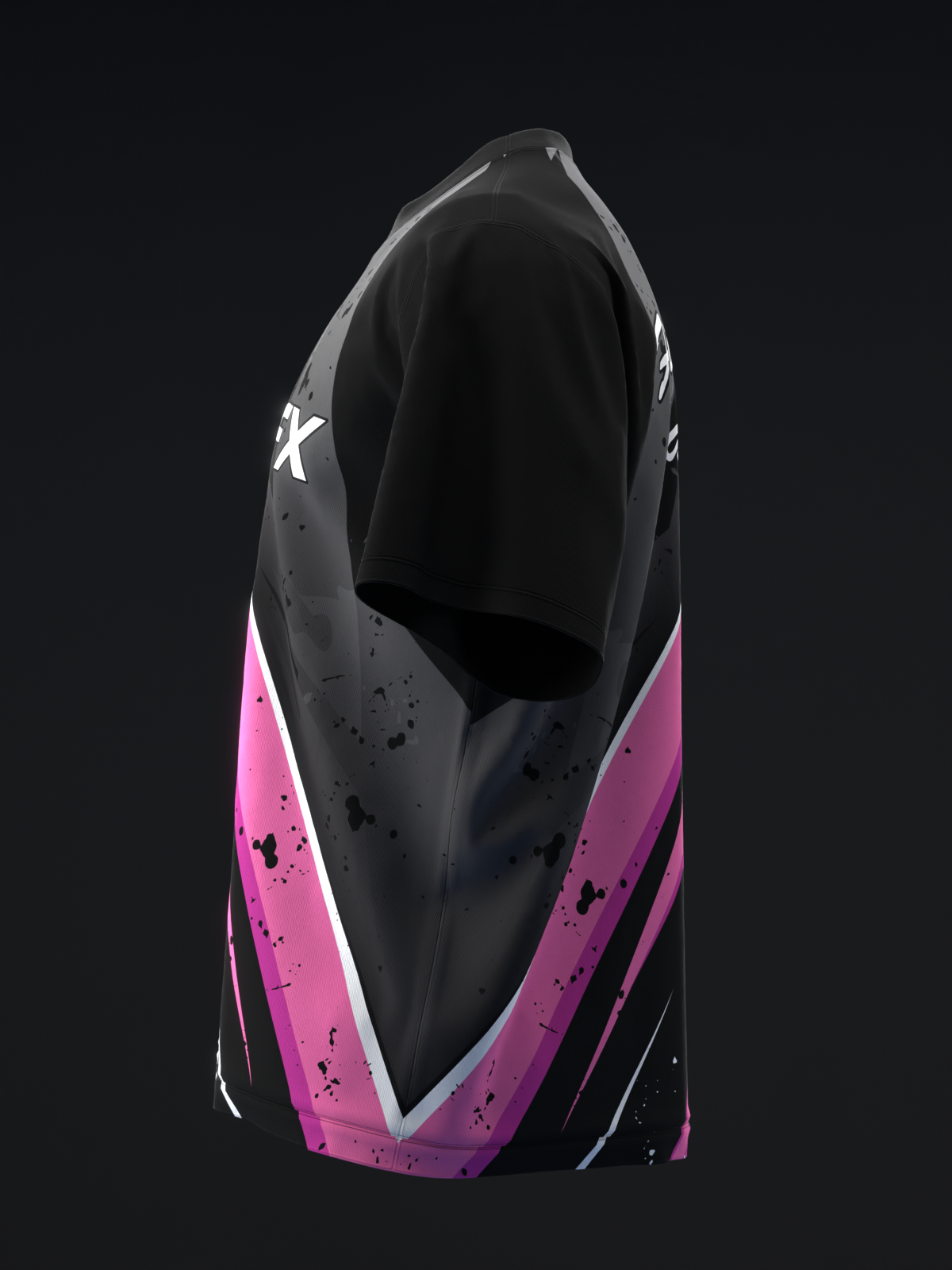 Black and pink bowling jersey with white stripe and splatter detail design