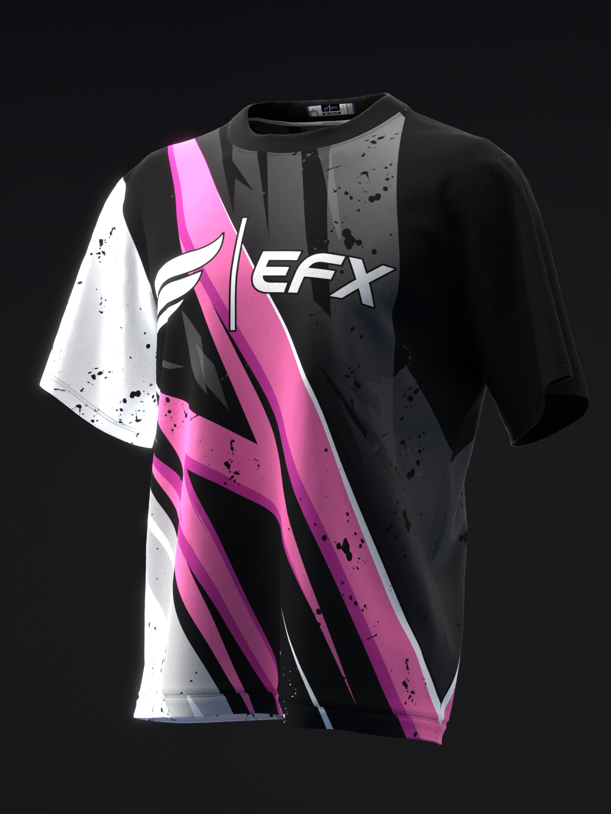 Black bowling jersey with pink and white diagonal spliced design and splatter details