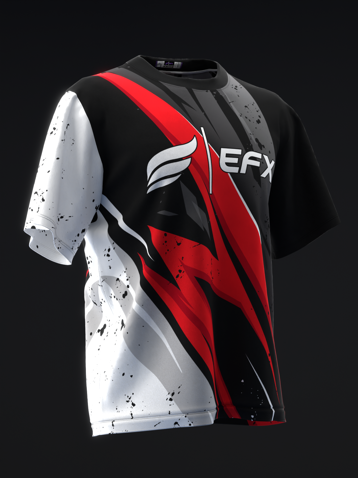 Black, white and red bowling jersey with EFX logo and diagonal stripe design
