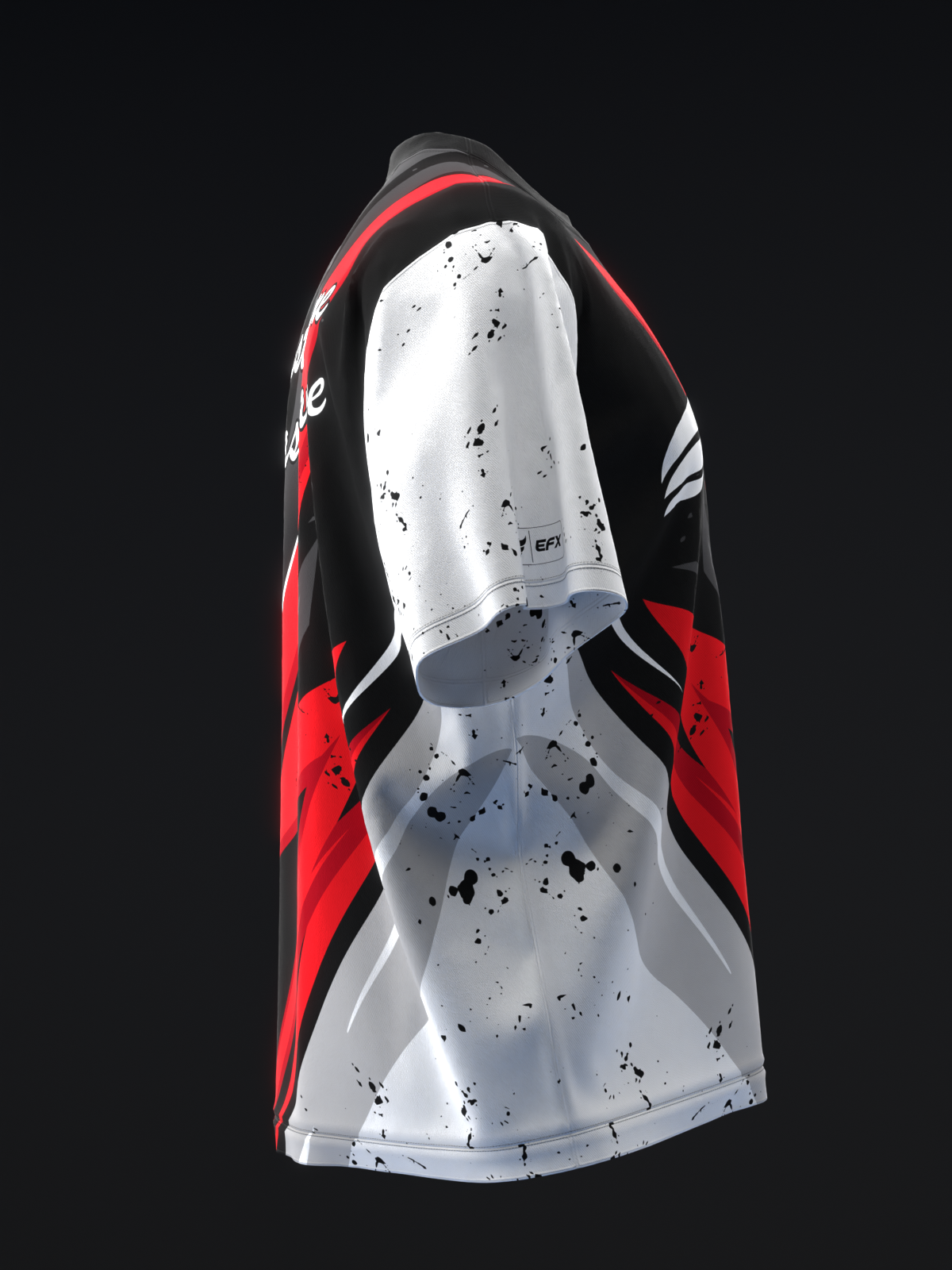 Black, white, and red bowling jersey with speckled paint splatter design, front view