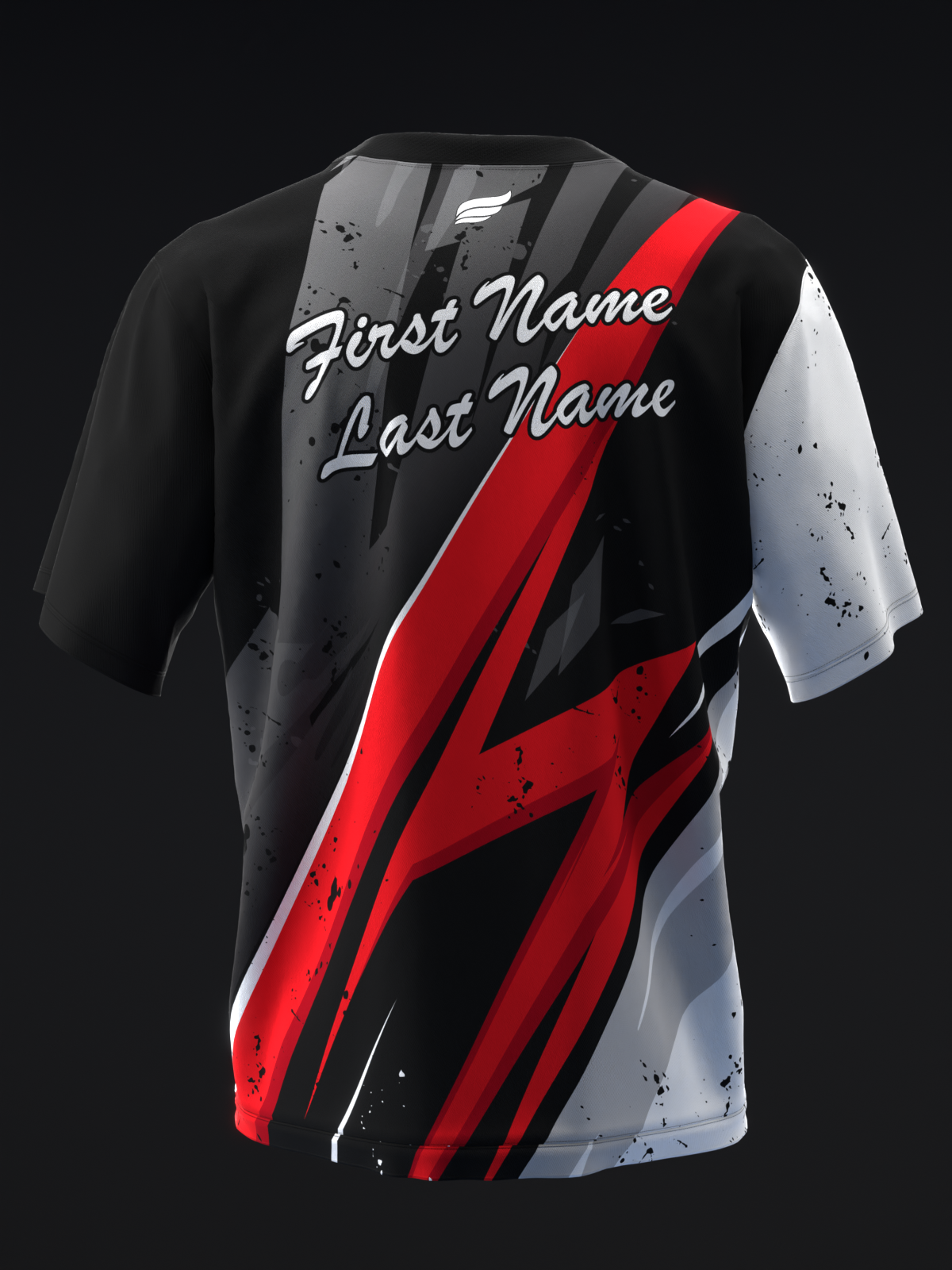 Black bowling jersey with red and white diagonal spliced design and personalization text