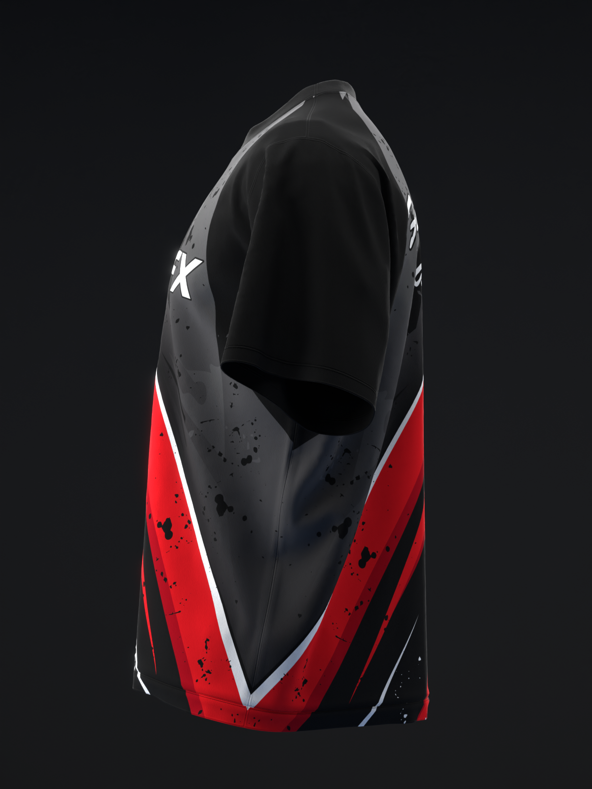 Black and red bowling jersey with white accent stripes and distressed texture