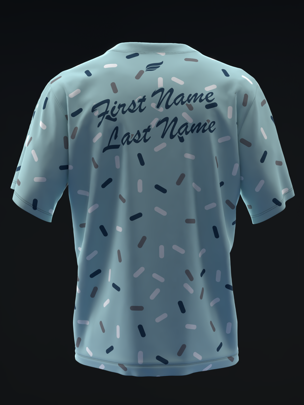 Light blue bowling jersey with scattered dash pattern and personalized name text on back