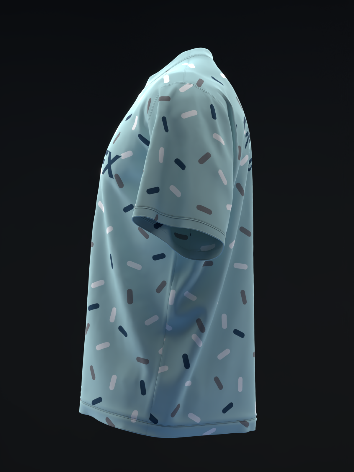 Light blue bowling jersey with scattered dark and pink dash pattern, side view