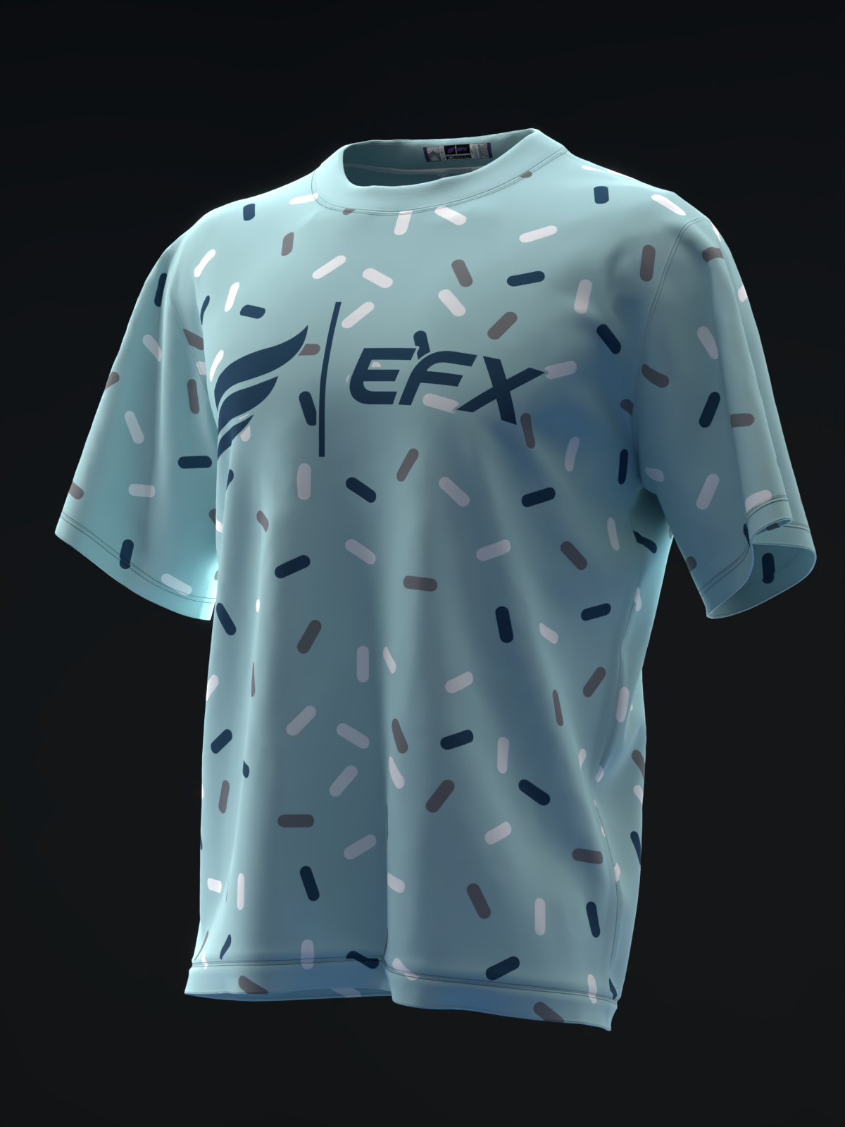 Light blue bowling jersey with scattered dash pattern and EFX logo, front view