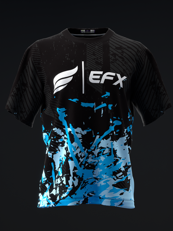 Black bowling jersey with white EFX logo and blue abstract splatter pattern below
