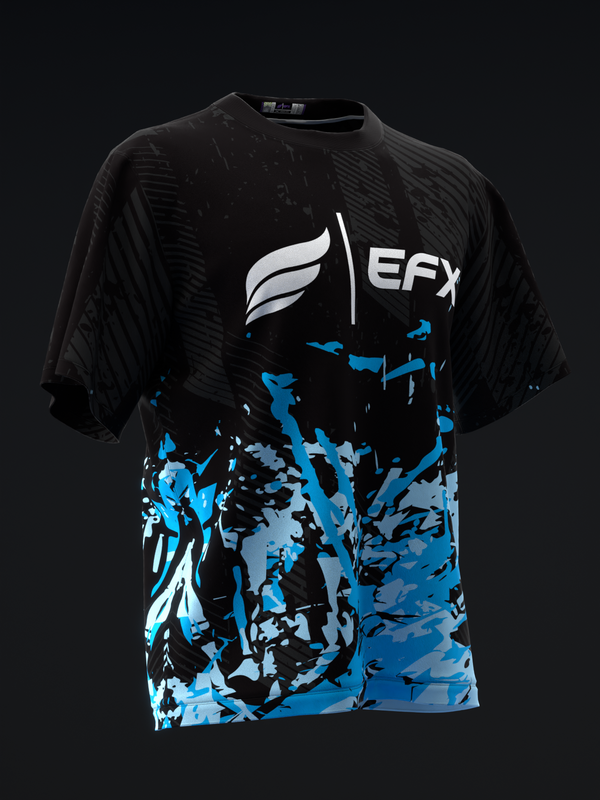 Black bowling jersey with EFX logo and blue splatter graphic pattern