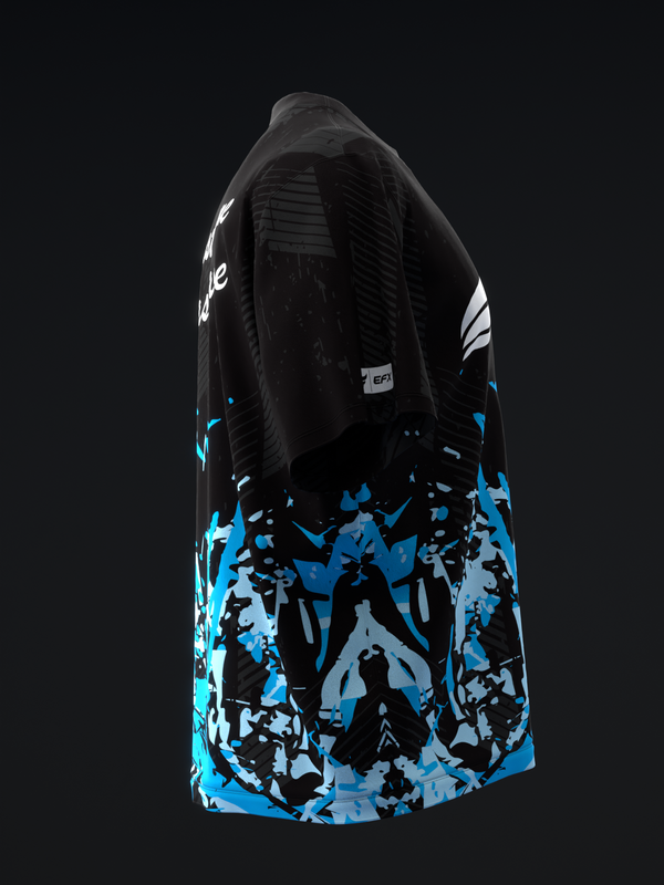 Black bowling jersey with neon blue and white abstract splatter pattern design