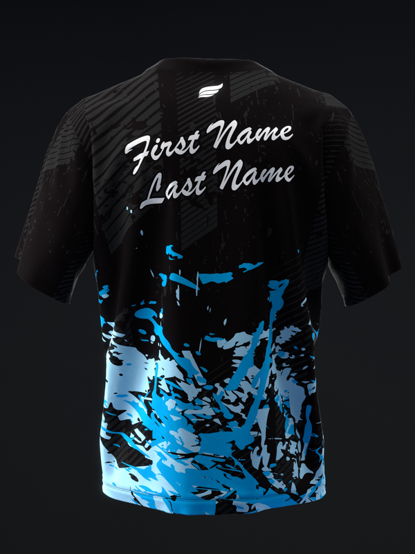Black bowling jersey with white script text and blue abstract splatter graphic at hem