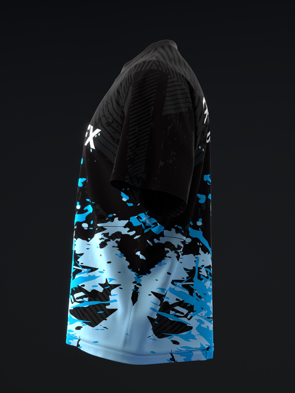 Black bowling jersey with neon blue and white camo pattern on lower half