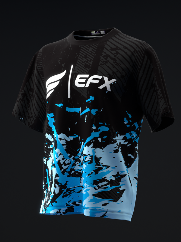 Black bowling jersey with EFX logo and blue splatter graphic pattern front view