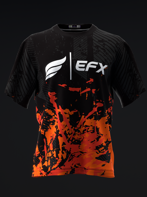 Black and orange bowling jersey with EFX logo and abstract splatter pattern, front view