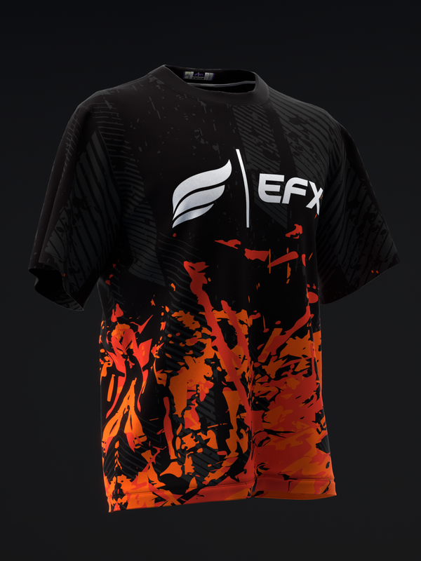 Black bowling jersey with white EFX logo and neon orange flame graphic pattern