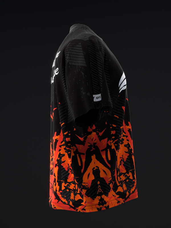 Black bowling jersey with neon orange abstract splatter pattern design