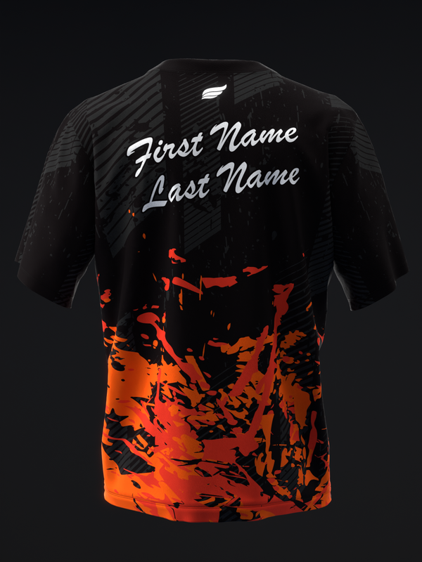 Black bowling jersey with white script nameplate and neon orange abstract graphic lower body
