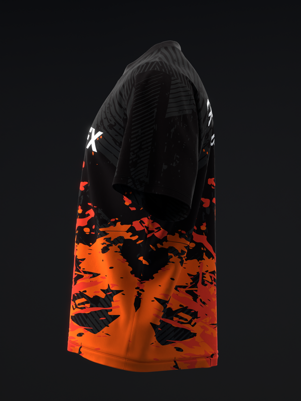 Black and neon orange bowling jersey with abstract splatter pattern, front view