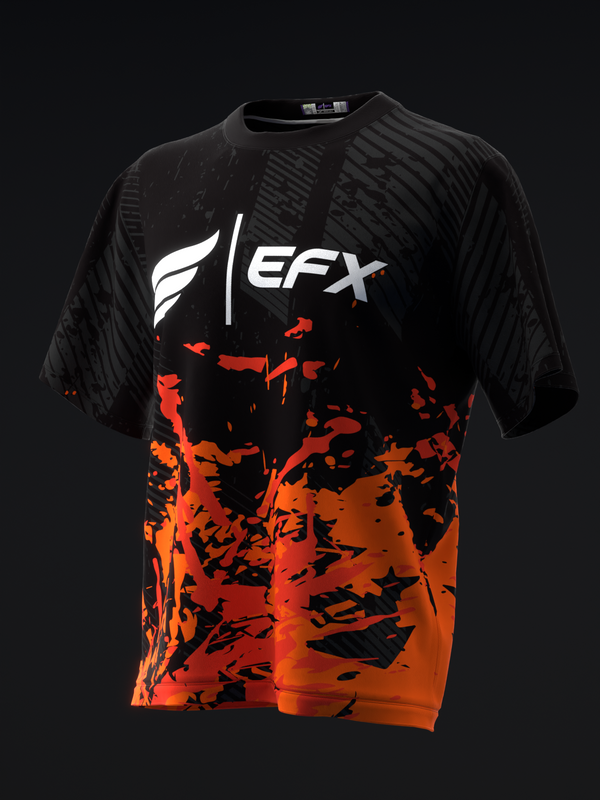 Black bowling jersey with EFX logo and neon orange splatter pattern below