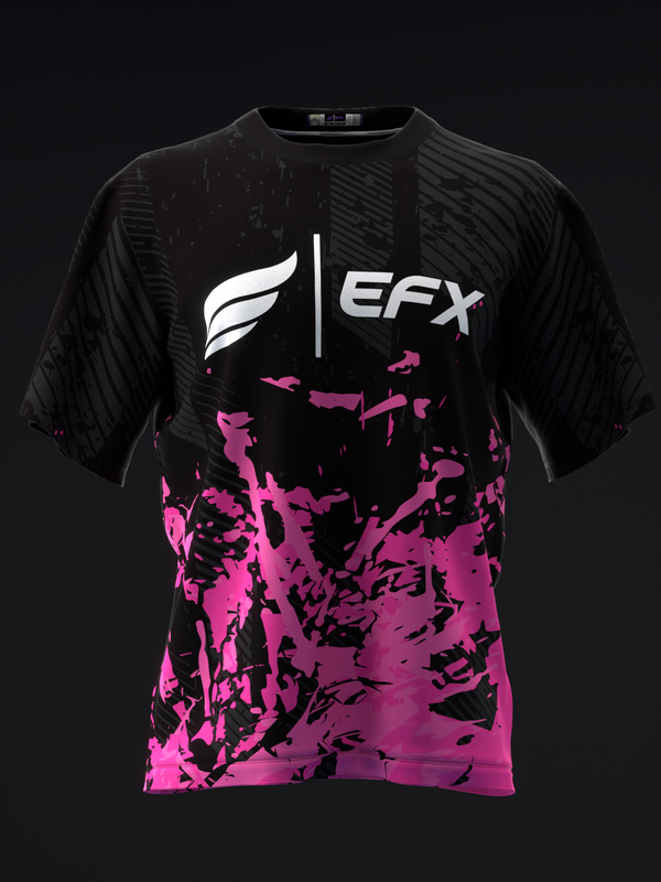 Black bowling jersey with white EFX logo and neon pink abstract graphic pattern
