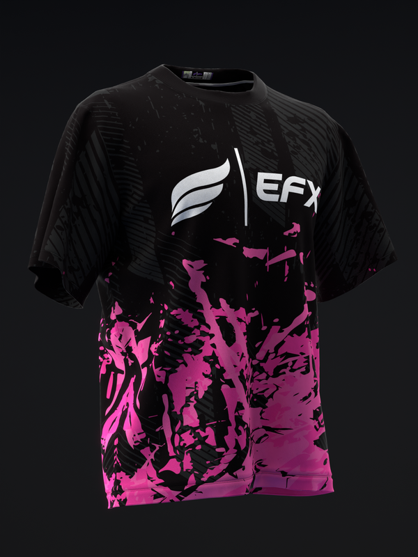 Black bowling jersey with white EFX logo and neon pink abstract splatter pattern below