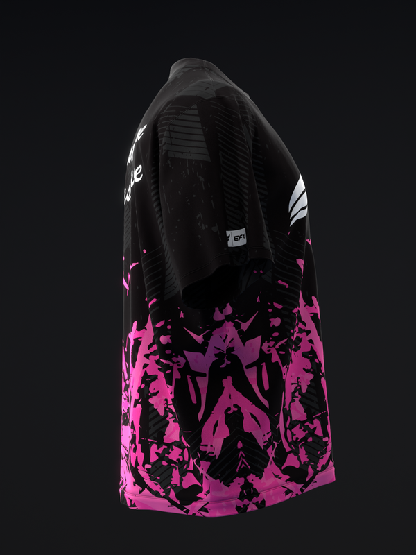 Black bowling jersey with neon pink abstract splatter pattern on front