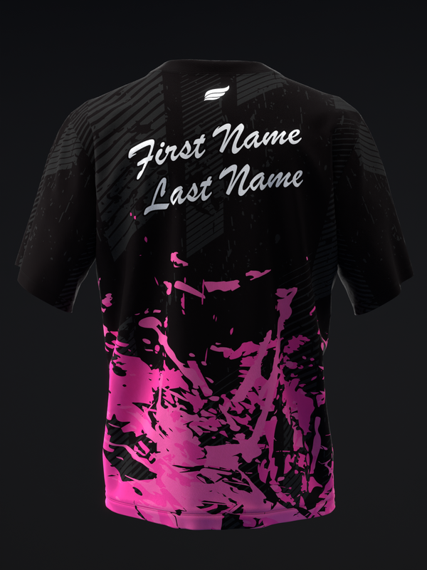 Black and neon pink bowling jersey with abstract graphic and personalized name text