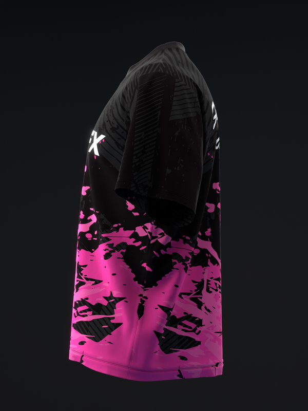 Black and neon pink bowling jersey with abstract graphic print, back view