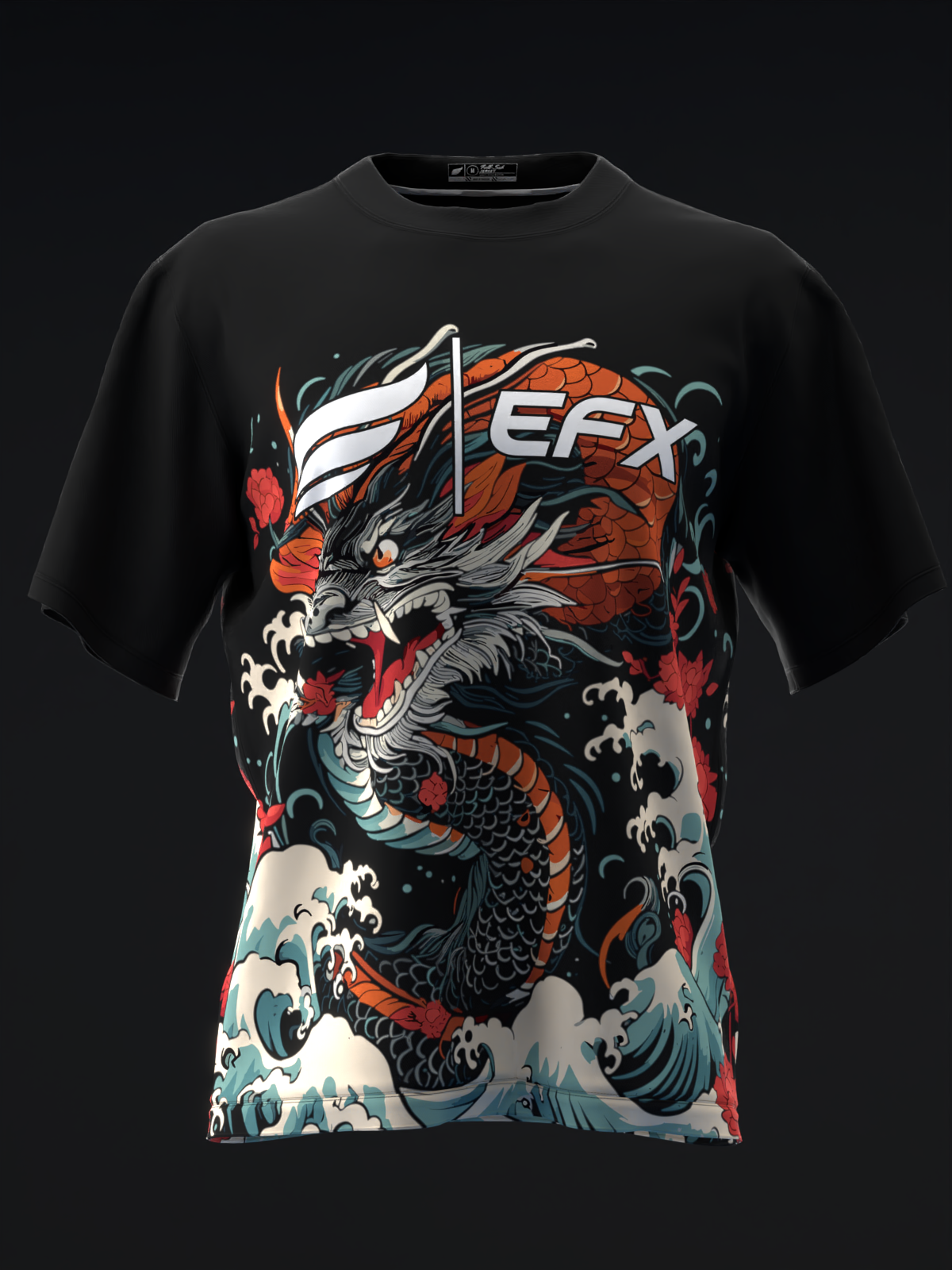Black bowling jersey with dragon graphic and wave pattern design