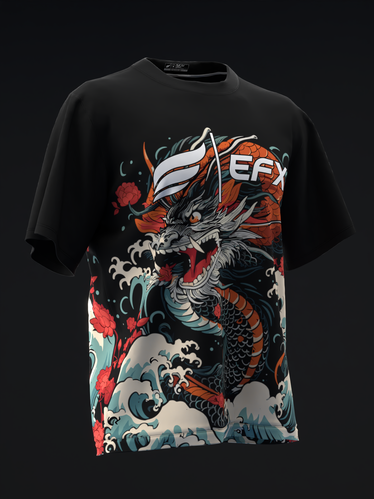 Black bowling jersey featuring an Asian-inspired dragon graphic with red and blue accents