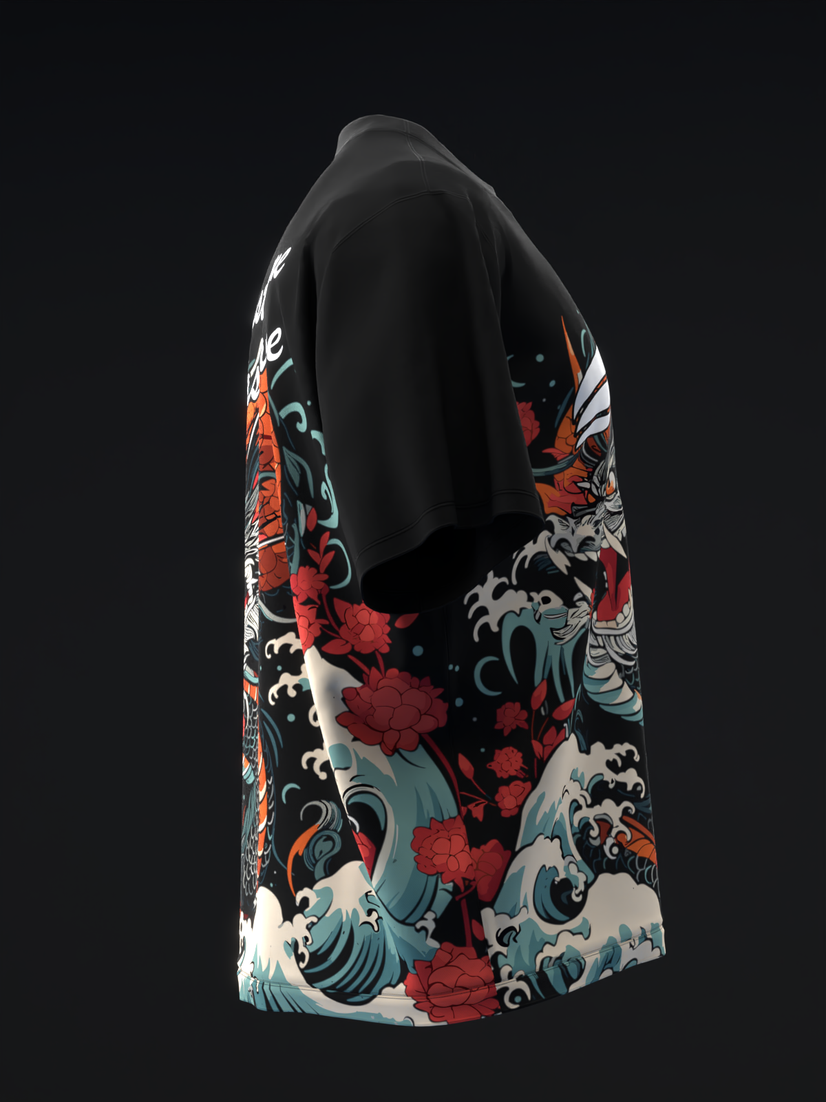 Black bowling jersey with red flowers and blue wave graphic pattern, side view